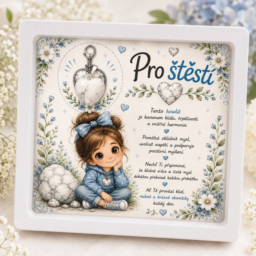 Dárkový rámeček Pro štěstí s minerálním srdíčkem - Howlit - mix dárkových kartiček 