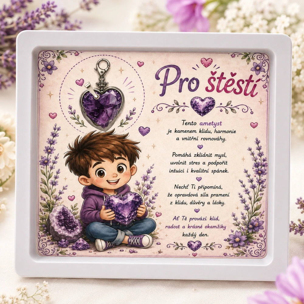 Dárkový rámeček Pro štěstí s minerálním srdíčkem - Ametyst - mix dárkových kartiček 