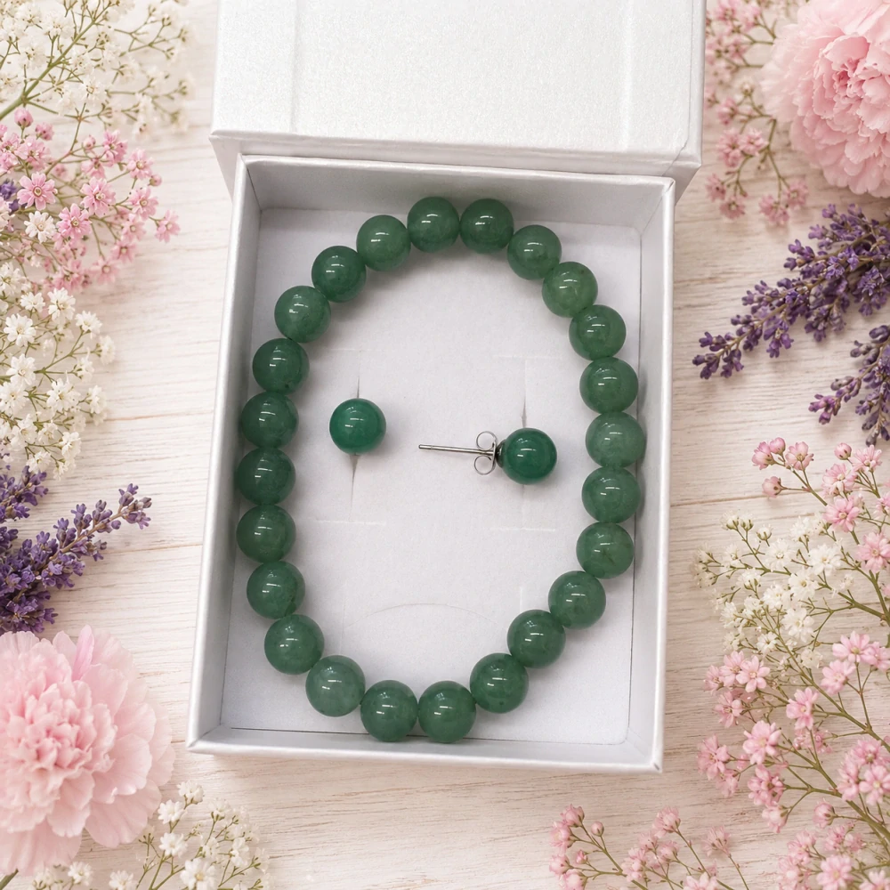 💚 Avanturín – sada náramku a náušnic z přírodního minerálu 💚