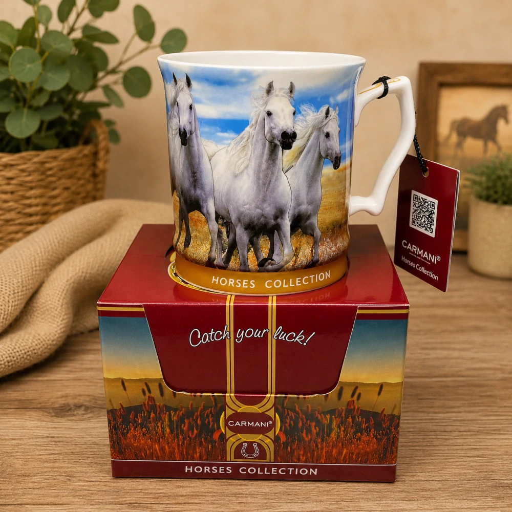 ☕🐎 Carmani – Porcelánový hrnek Bílé koně v dárkové krabičce, 480 ml 🐎☕