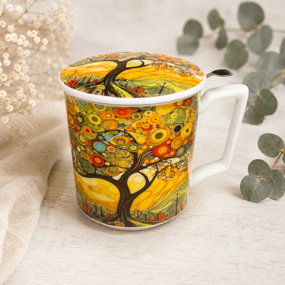 🍵🌳 Porcelánový hrnek se sítkem a víčkem – Strom života 🌳🍵
