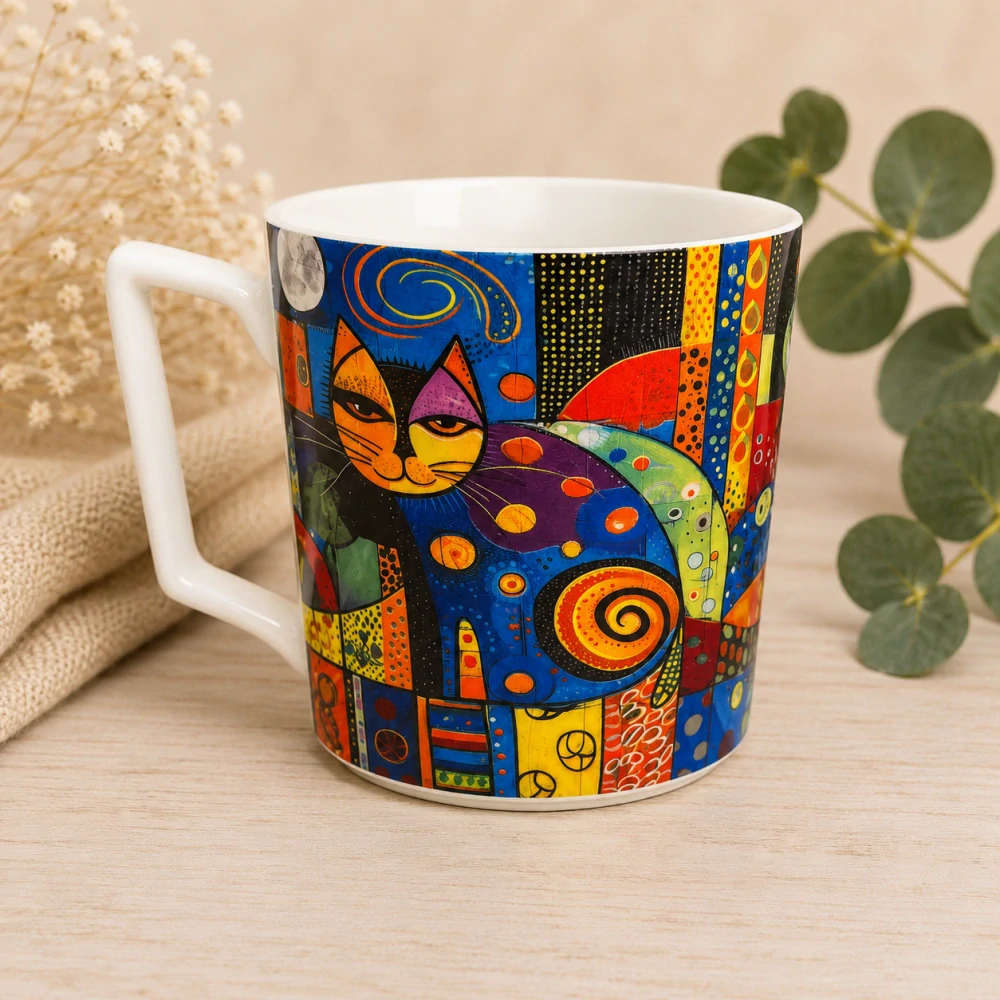 🐱☕ Dárkový porcelánový hrnek – barevná kočka 🎁🎨