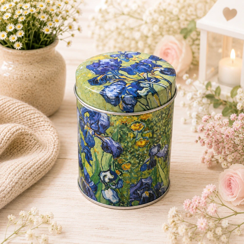 🎨☕ Plechová dóza na kávu, čaj nebo cukr – motiv Vincent van Gogh – Kosatce 💙🌿