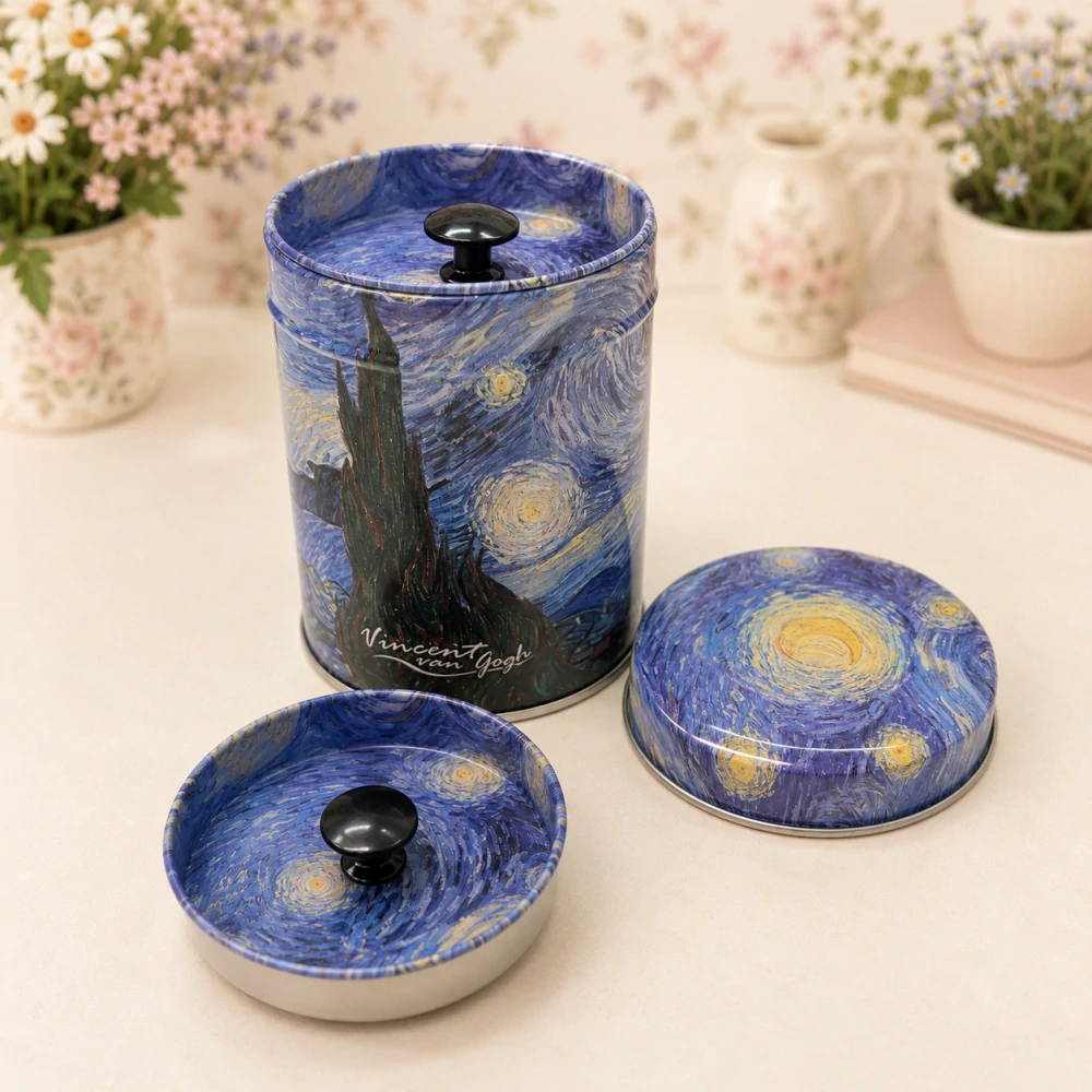 🎨☕ Plechová dóza na kávu, čaj nebo cukr – motiv Vincent van Gogh – Hvězdná noc 🌙✨