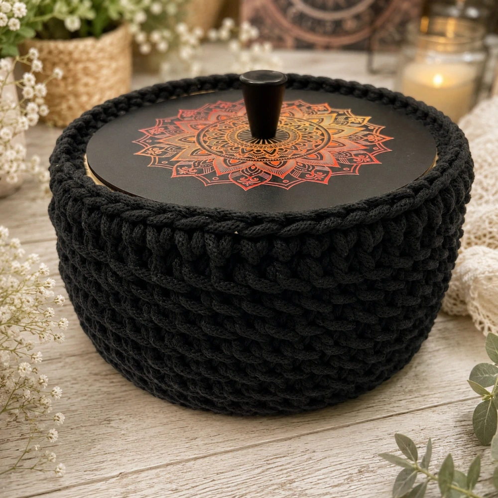 🖤✨ Háčkovaný košík s dřevěným víkem – stylový pomocník do každé domácnosti ✨