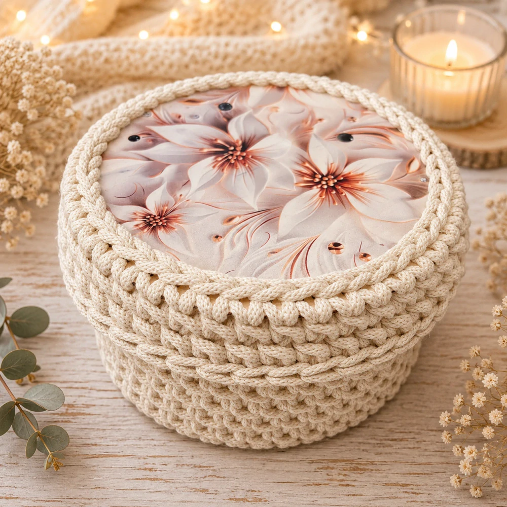 🤍🌸 Háčkovaný košík s dřevěným víkem – květinový motiv 🌸🤍