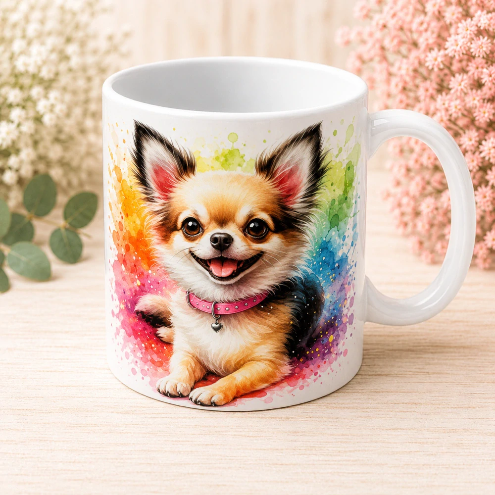 🐶☕ Porcelánový hrnek s motivem čivavy – cca 300 ml 🌈💖