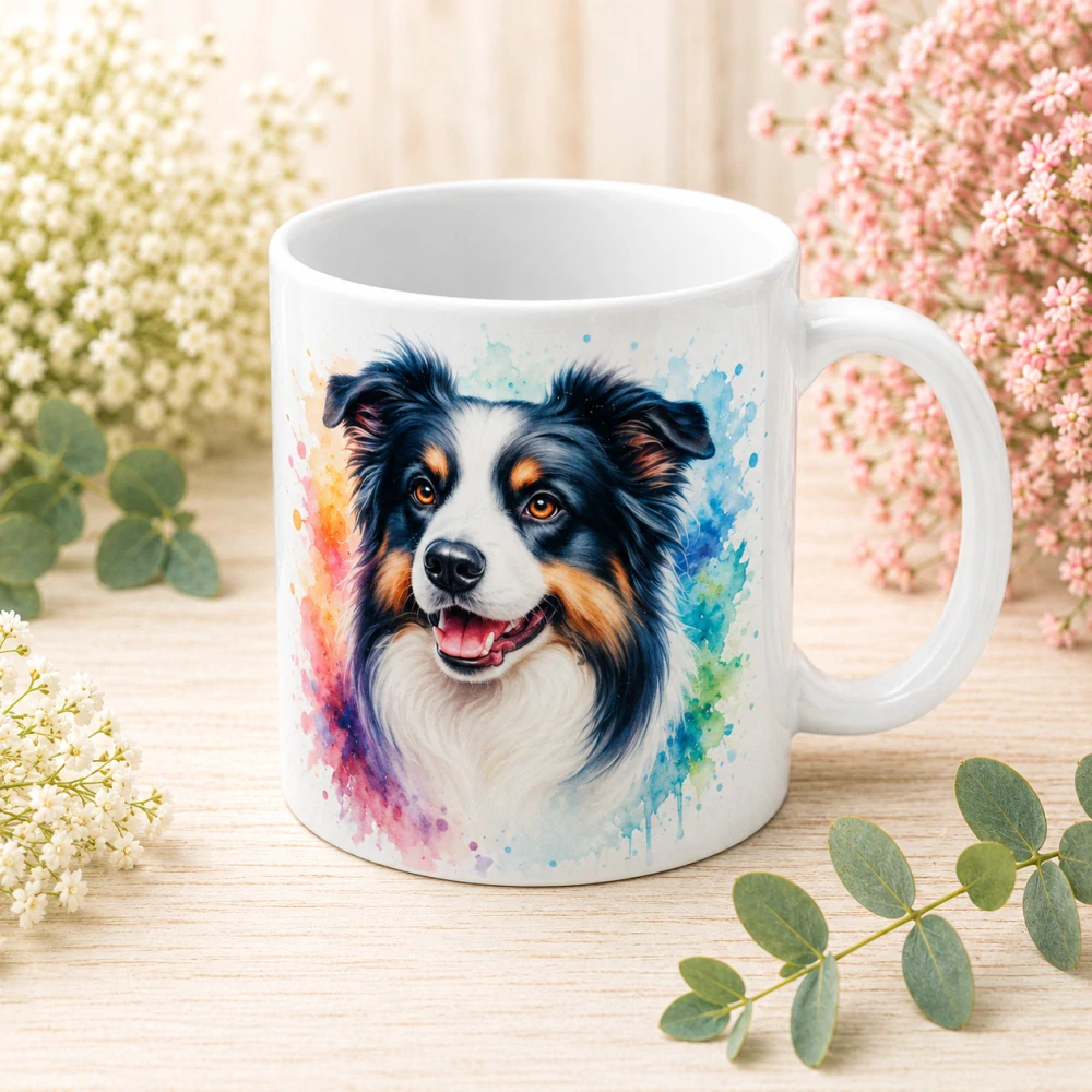 🐶☕ Porcelánový hrnek s motivem australského ovčáka – cca 300 ml 🌈💙