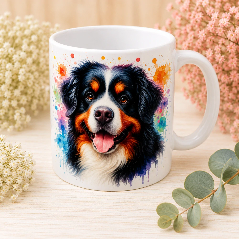 🐶☕ Porcelánový hrnek s motivem bernského salašnického psa – cca 300 ml 🌈🖤🤎🤍