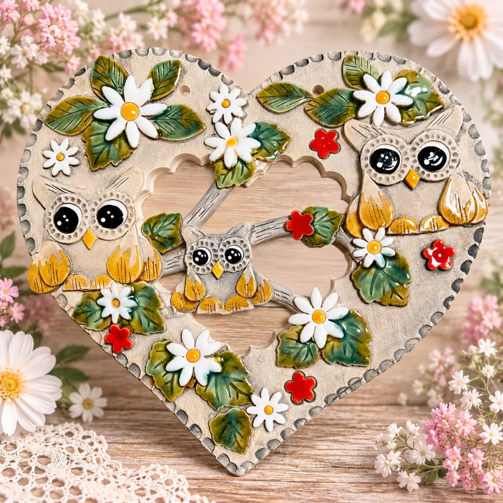 🦉🌼 Keramické srdce se sovičkami k zavěšení 🌼🦉