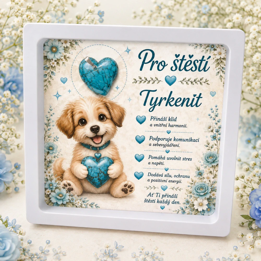 💙 Dárkový rámeček Pro štěstí s minerálním srdíčkem – Tyrkenit – mix dárkových kartiček 💙
