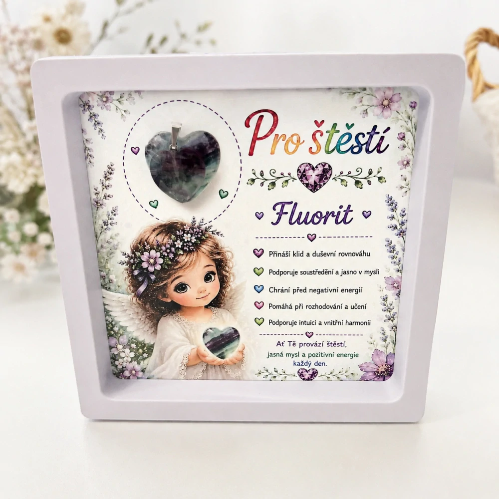 Dárkový rámeček Pro štěstí s minerálním srdíčkem – Fluorit – mix dárkových kartiček 💜