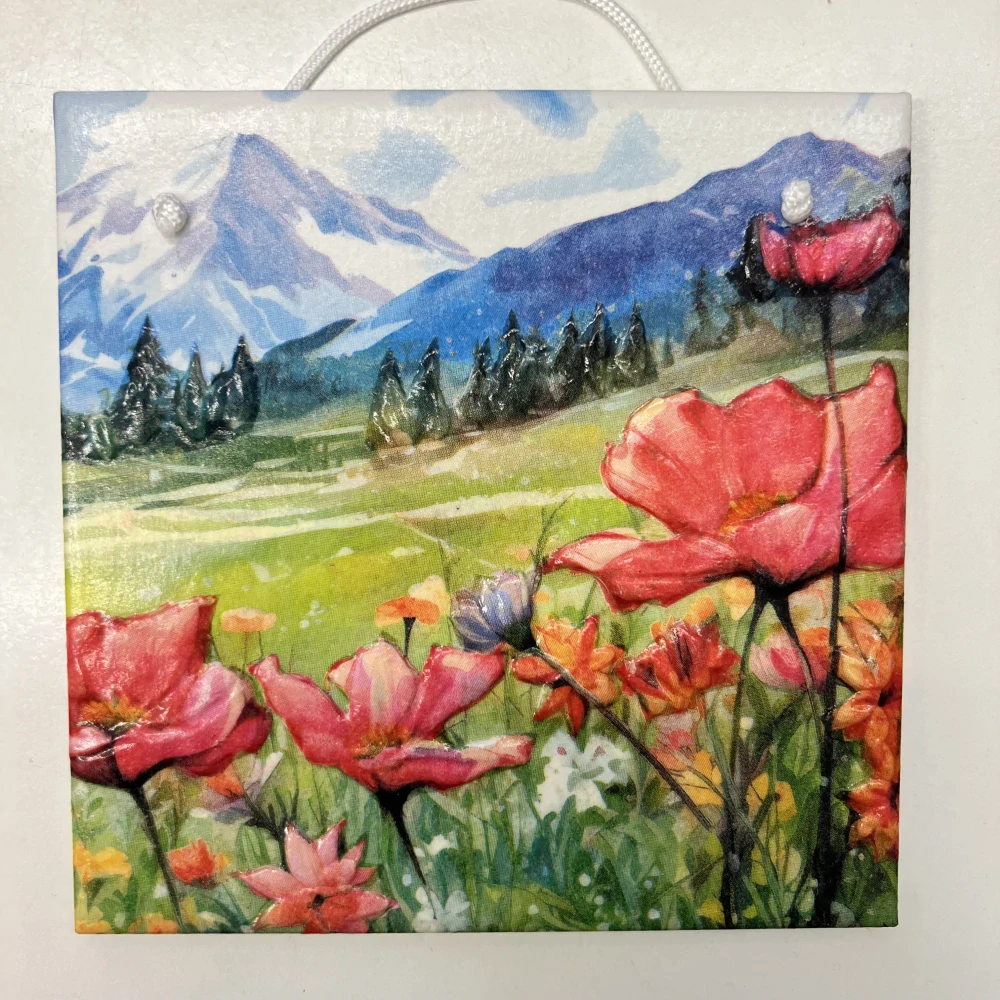 🌺🏔️ Keramická dlaždice zdobená technikou Decoupage 3D 🏔️🌺