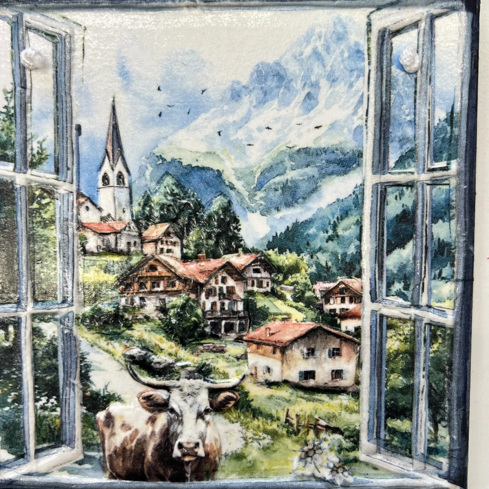 🏔️🐄 Keramická dlaždice zdobená technikou Decoupage 3D 🐄🏔️