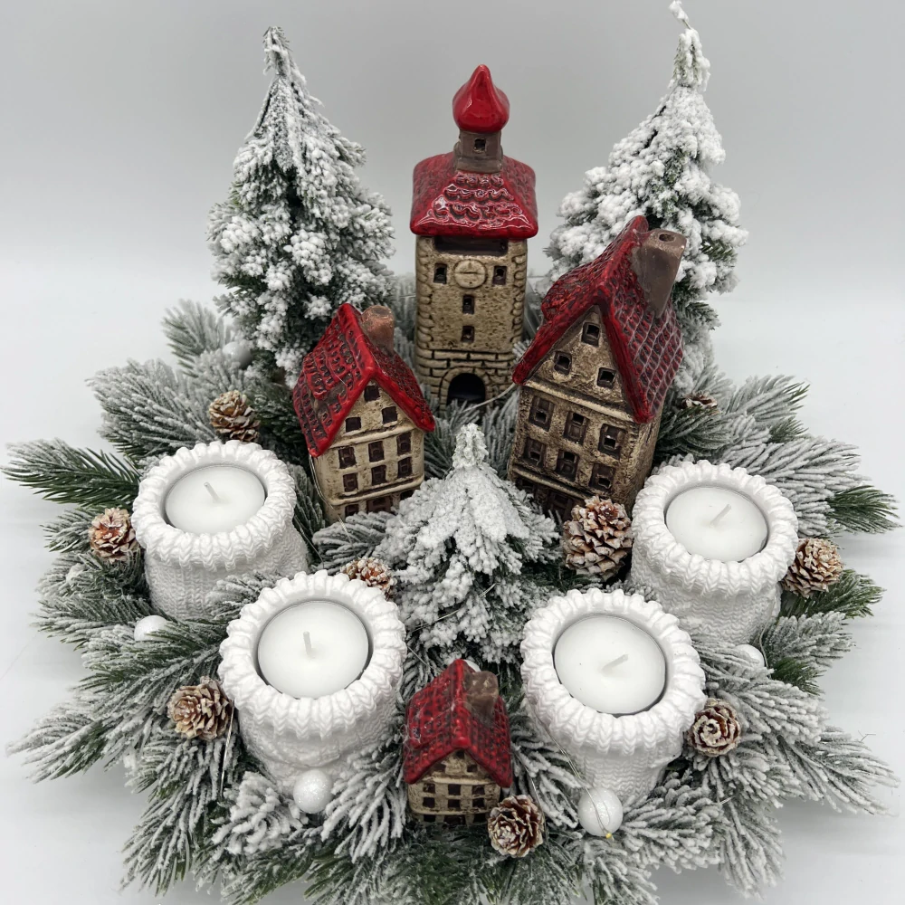 🎄✨ Adventní svícen s keramickými domečky a osvětlením ✨🎄