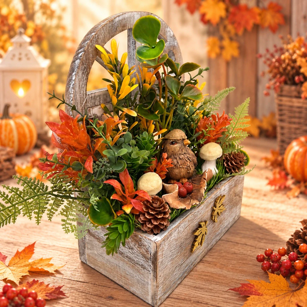 🍂 Podzimní dekorace v dřevěném truhlíku s ptáčkem 🍂