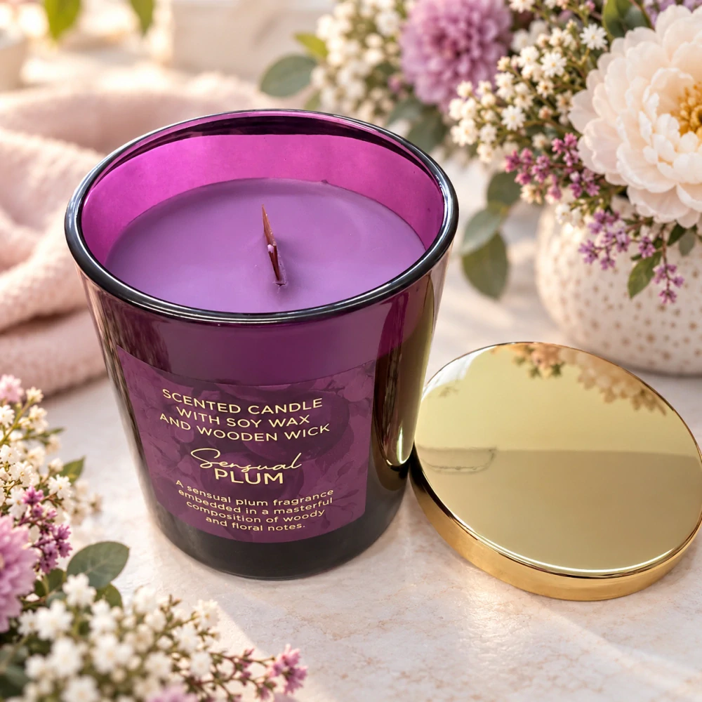🕯️ Vonná svíčka Sensual Plum – sójový vosk & dřevěný knot