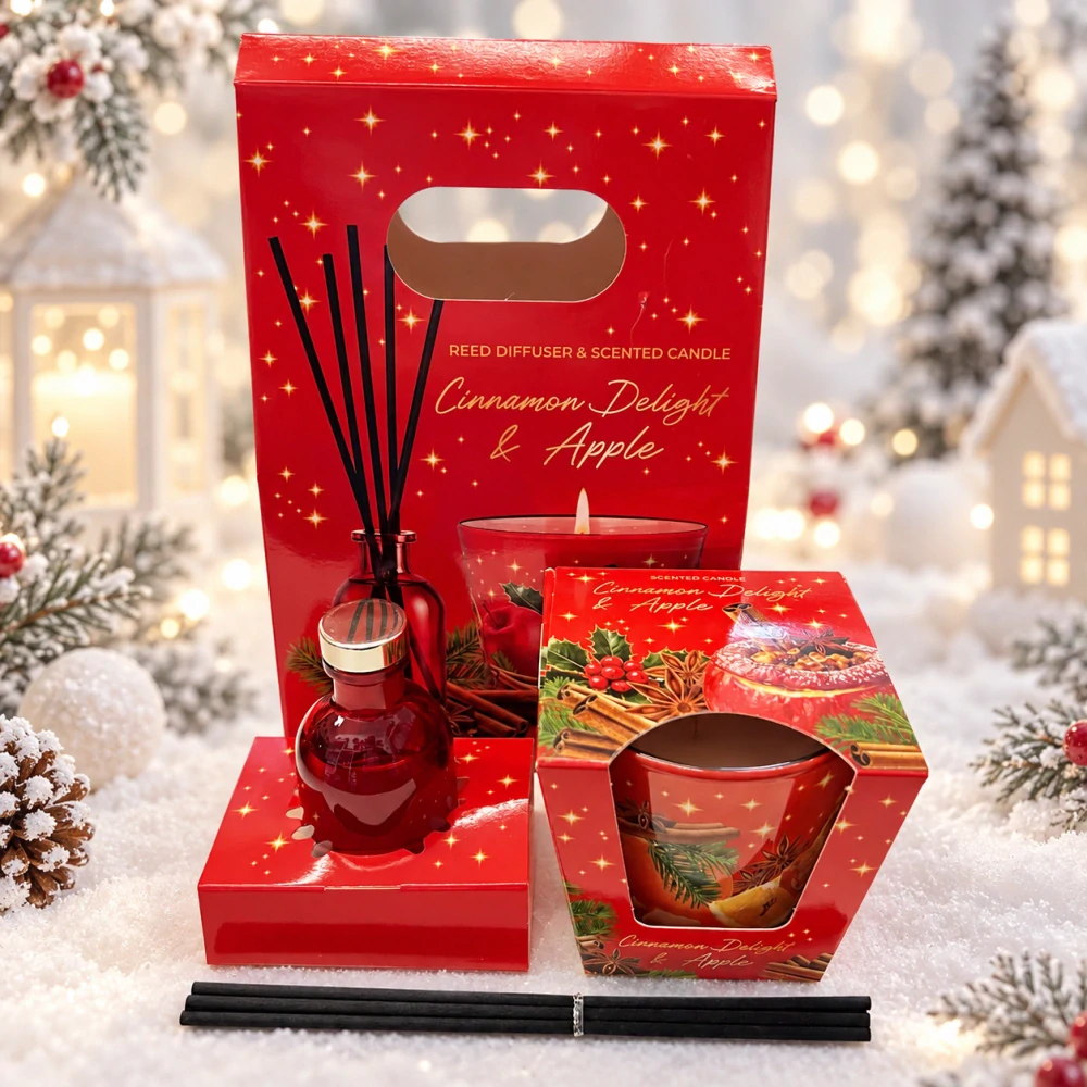 🎄 Dárková sada svíčka + aroma difuzér – Cinnamon Delight & Apple 🍎✨