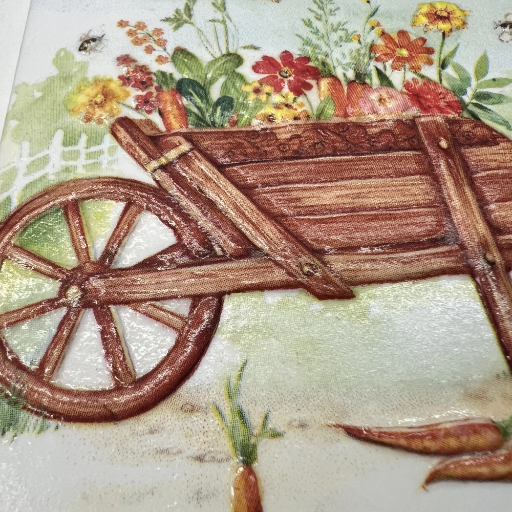 🌼🐝 Keramická dlaždice – Trakař plný květin 🦋🌿