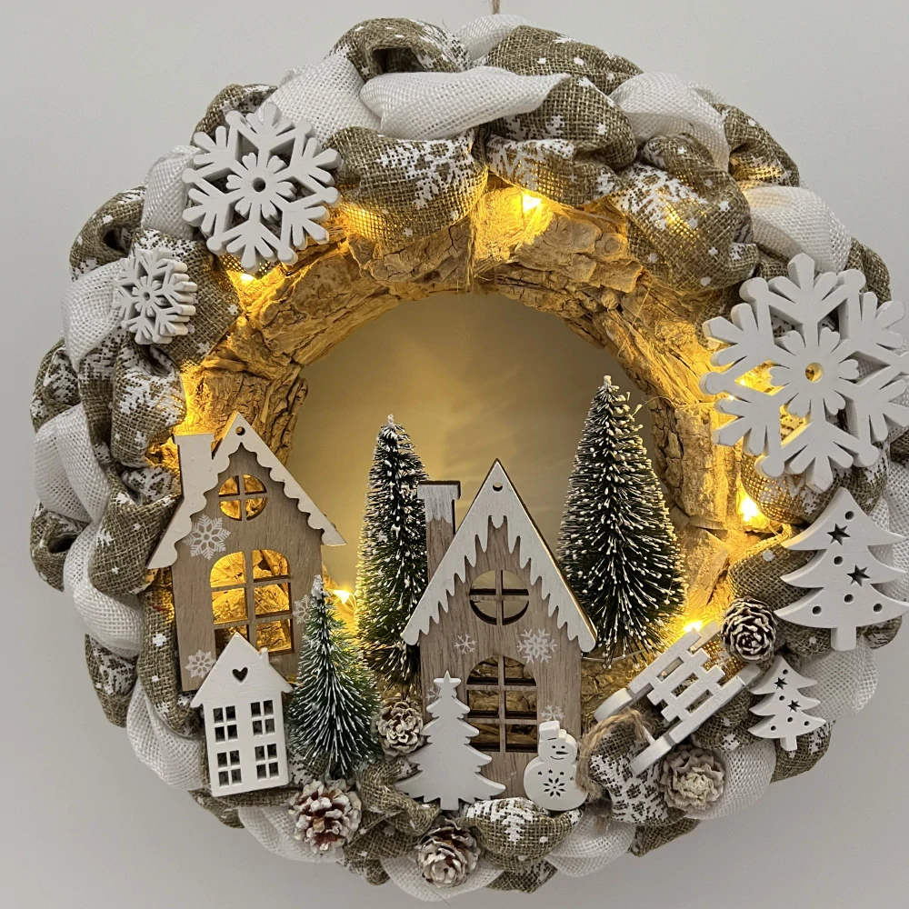 🏡❄️ Zimní věnec s domečky a LED osvětlením