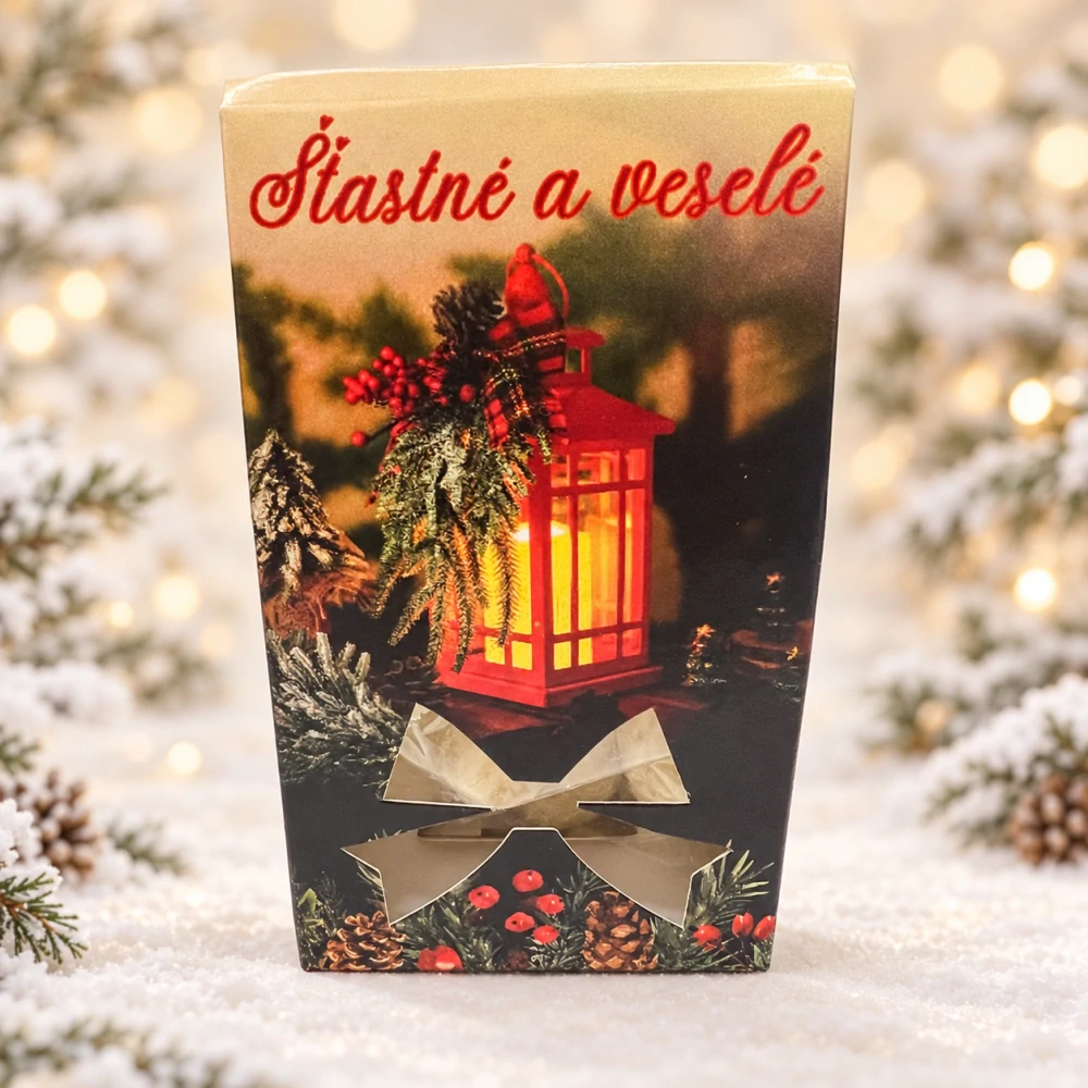 🎄🥥 Mandle v kokosu – Šťastné a veselé s červenou lucernou, 50 g