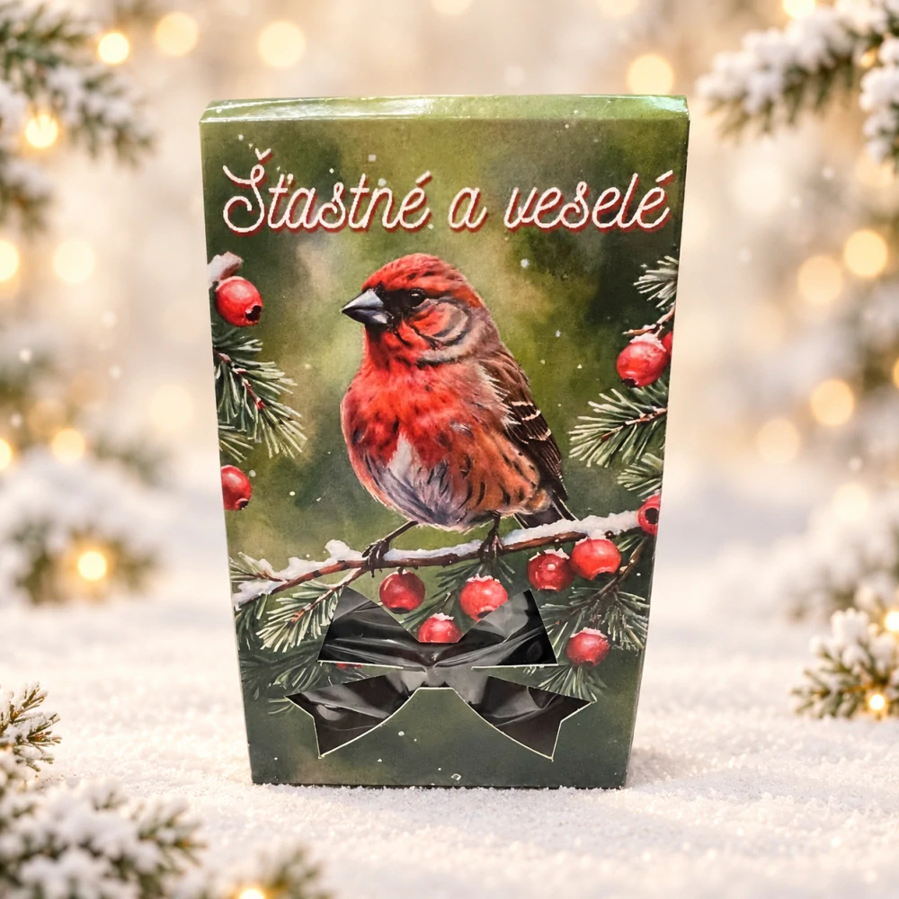 🎄🍫 Čokoládové mandle – Šťastné a veselé s ptáčkem, 50 g