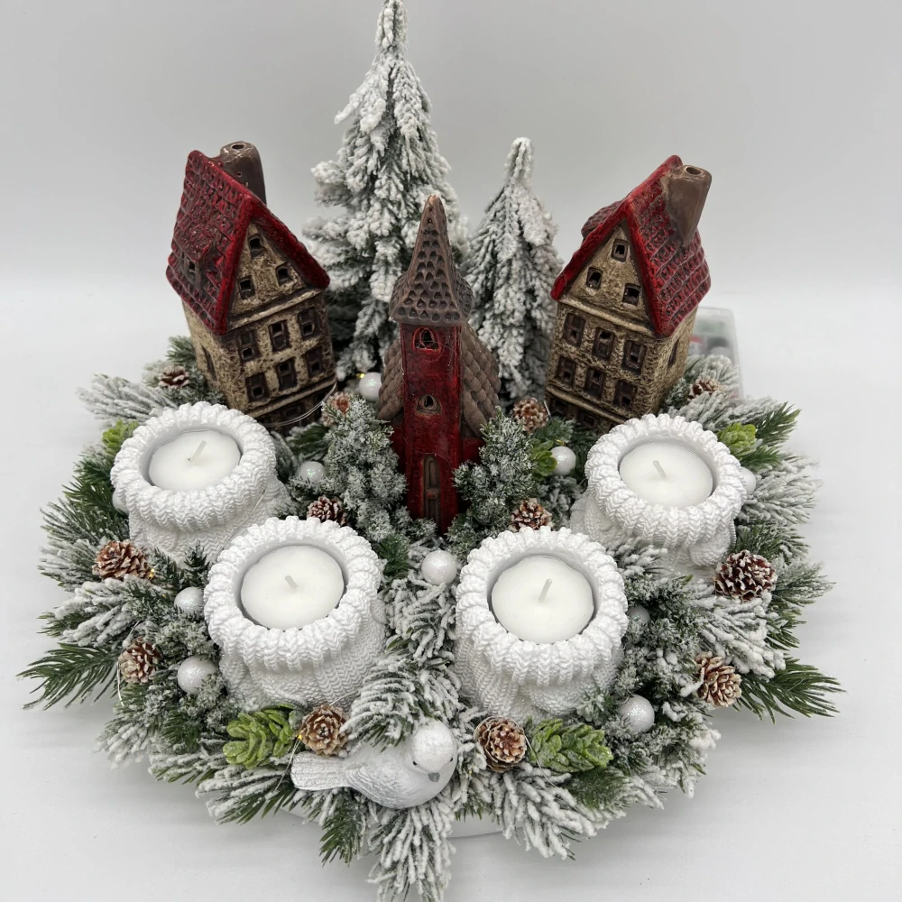 🎄🏘️ Adventní věnec s keramickými domečky a LED osvětlením ✨