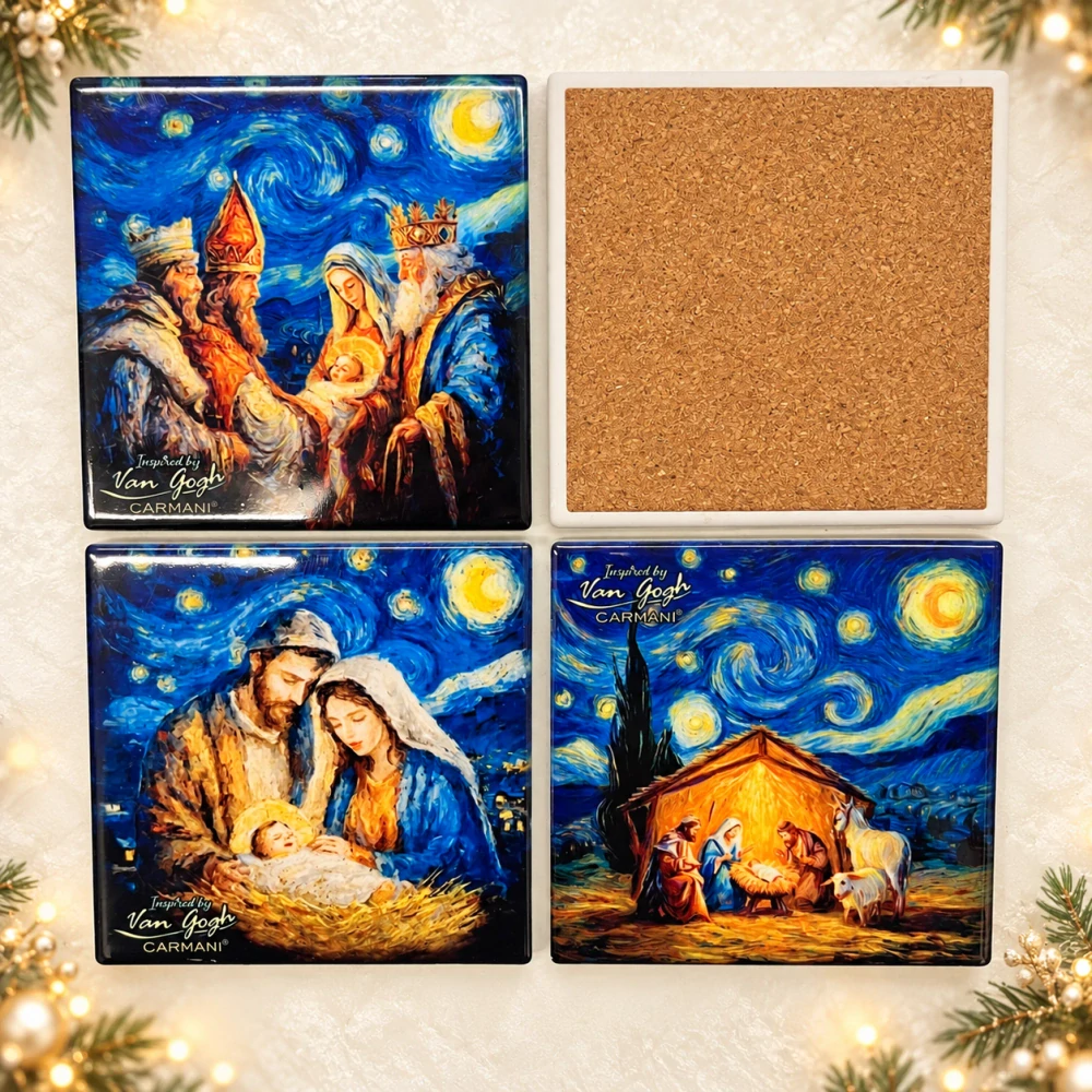 🎄✨ Sada 4 keramických podtácků CARMANI – Vánoční betlém