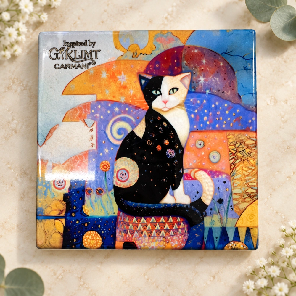 🐱🎨 Sada 2 keramických podtácků CARMANI – kočky ve stylu Gustava Klimta