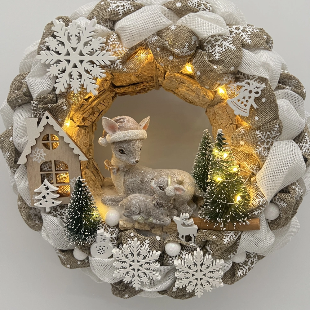 🦌❄️ Vánoční svítící věnec – srnka s kolouškem