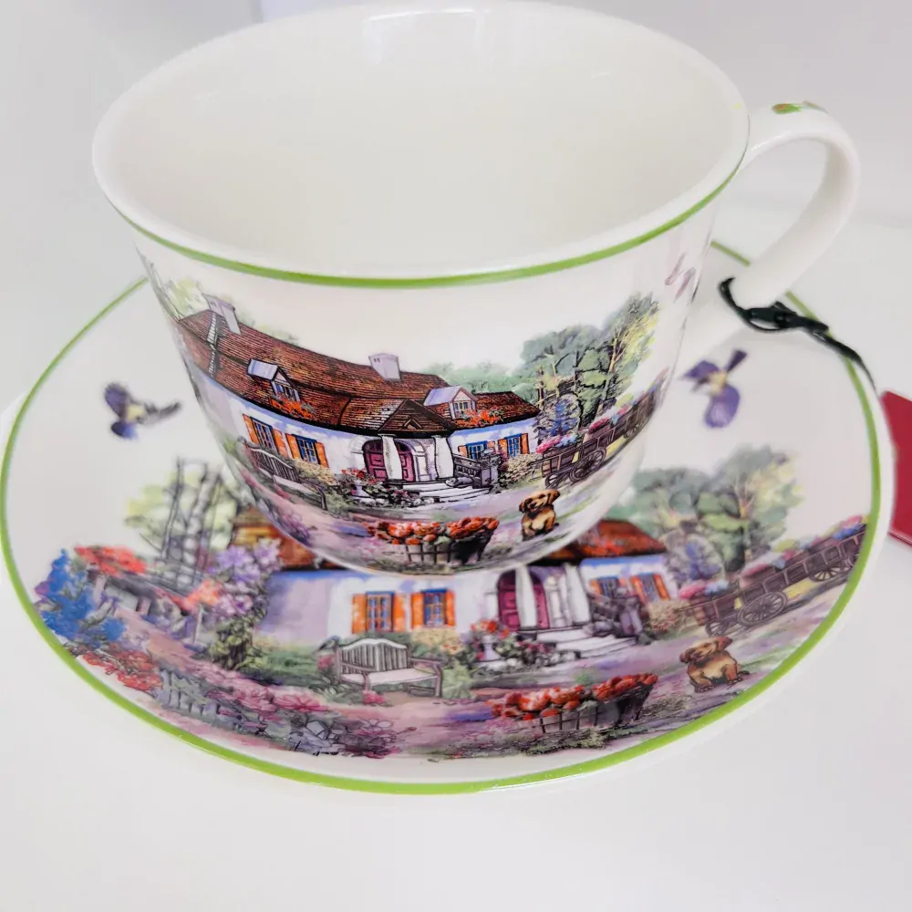 ☕🏡 Šálek s podšálkem 400 ml – Anglický venkov „Venkovský dům“