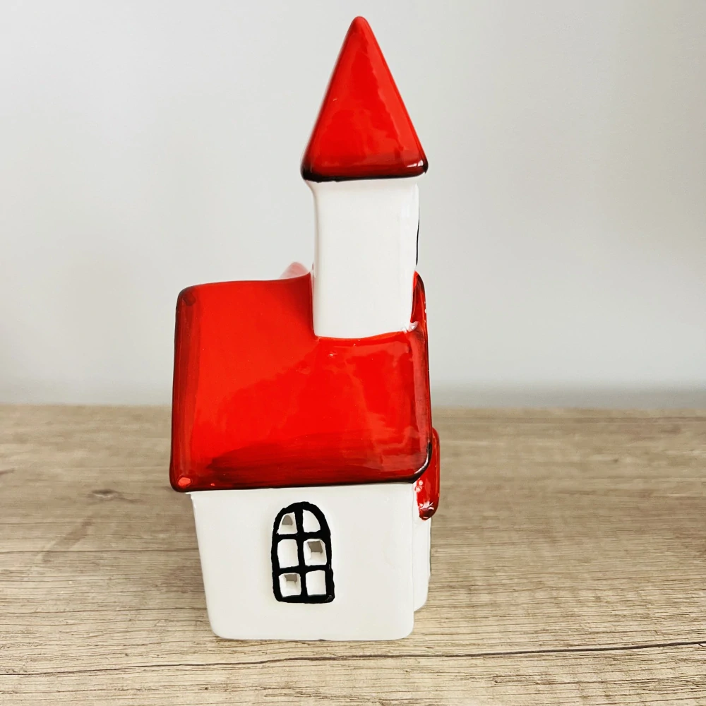 DEKORACE KERAMICKÝ DOMEK S VĚŽIČKOU NA ČAJOVOU SVÍČKU