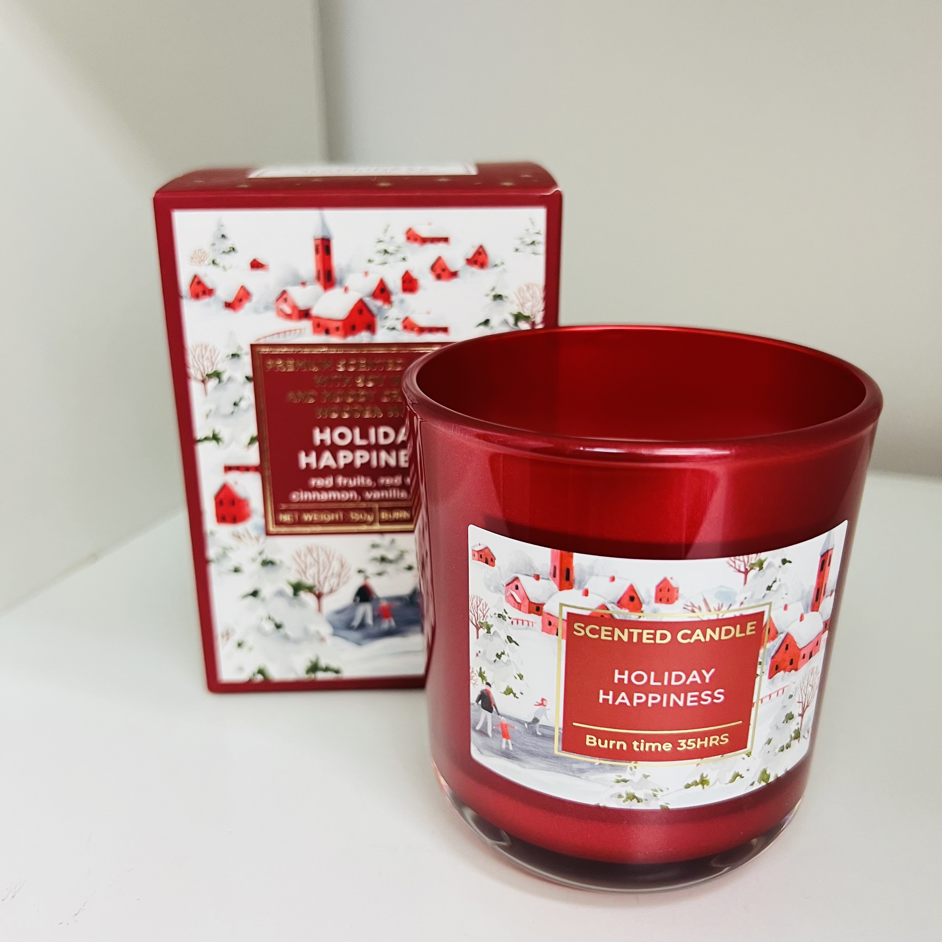 SVÍČKA VE SKLE V DÁRKOVÉM BALENÍ S DŘEVĚNÝM KNOTEM - HOLIDAY HAPPINESS