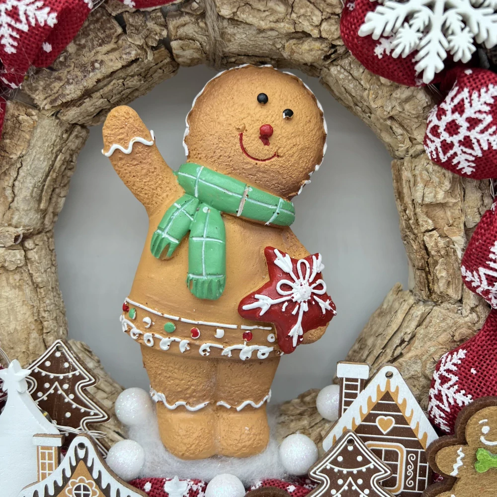 ZIMNÍ DEKORACE VĚNEČEK NA DVEŘE S FIGURKOU A OSVĚTLENÍM