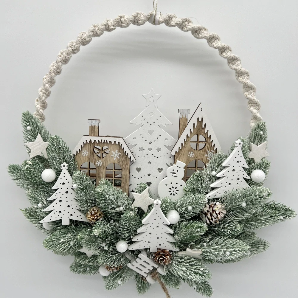 🎄 Zimní LED věneček „Vánoční vesnička pod stromkem“
