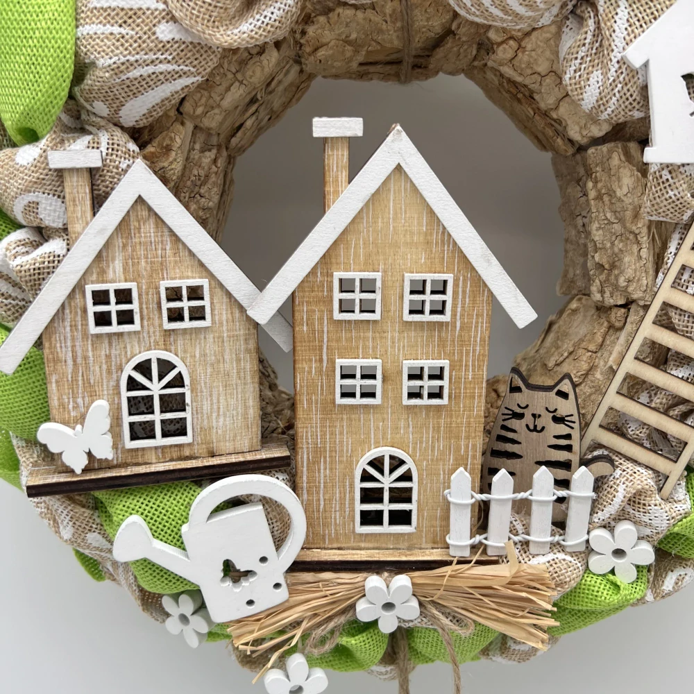 🌿🏡 Dekorační věnec s domečky – zelený rustikální styl 🏡🌿