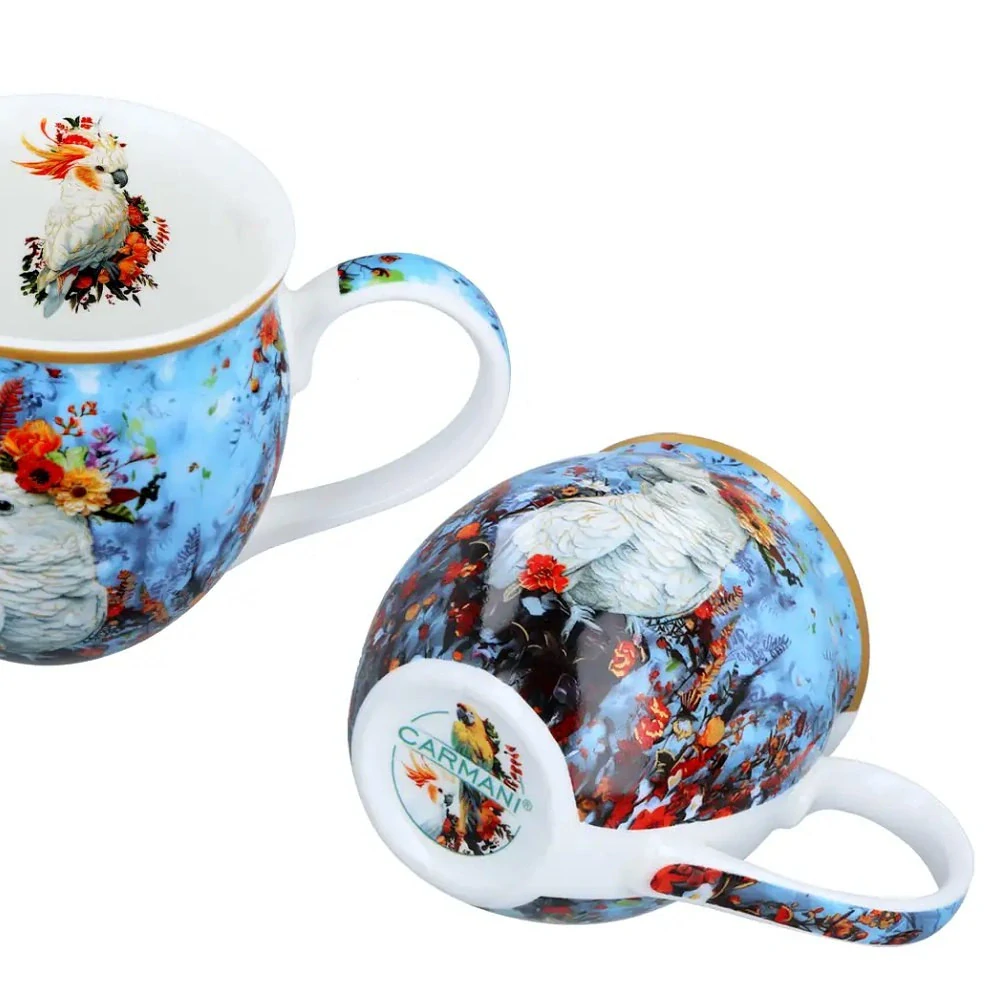 📝 Hrnek buclák 450 ml se sítkem a víčkem – Papoušek kakadu 🦜🌺