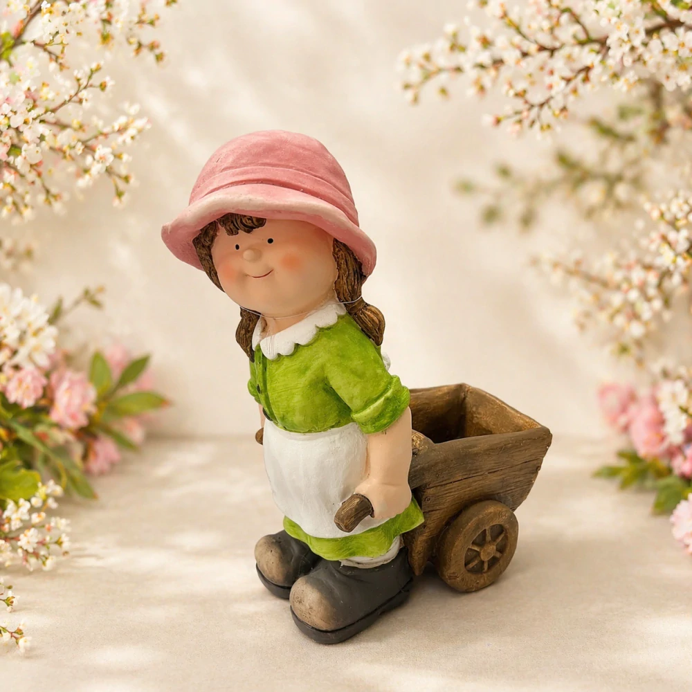 🌸 Dekorace figura dívky s vozíkem 🌿