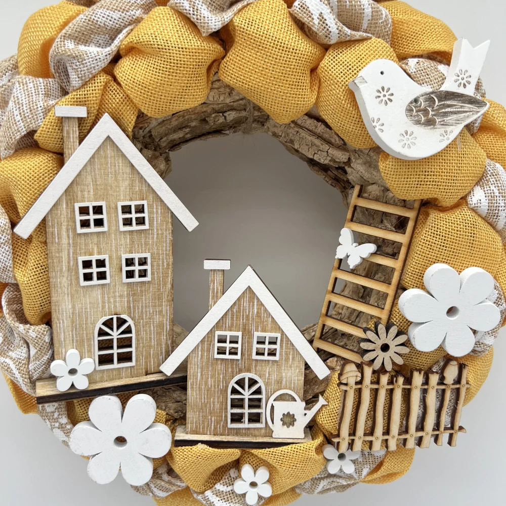 💛🏡 Jarní věneček se žlutými domečky a ptáčkem ✨🌼