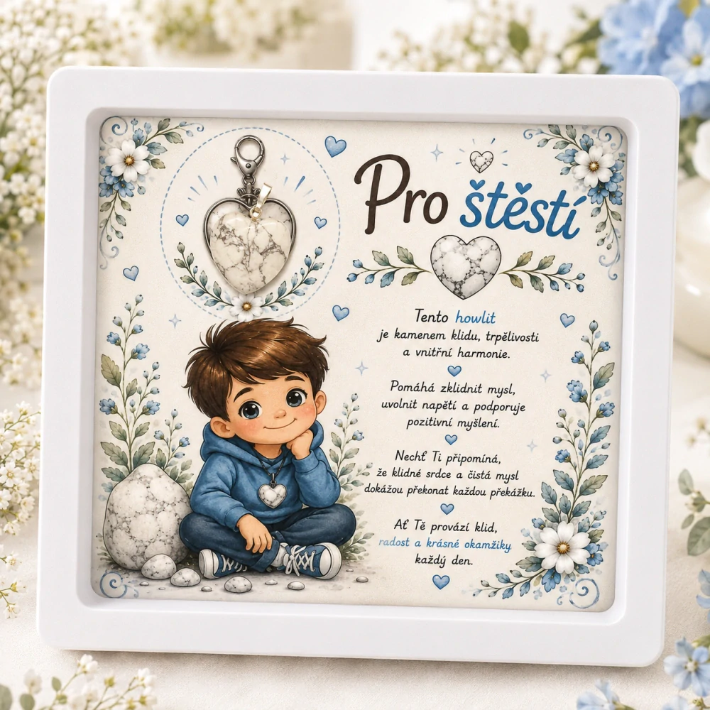 Dárkový rámeček Pro štěstí s minerálním srdíčkem - Howlit - mix dárkových kartiček 