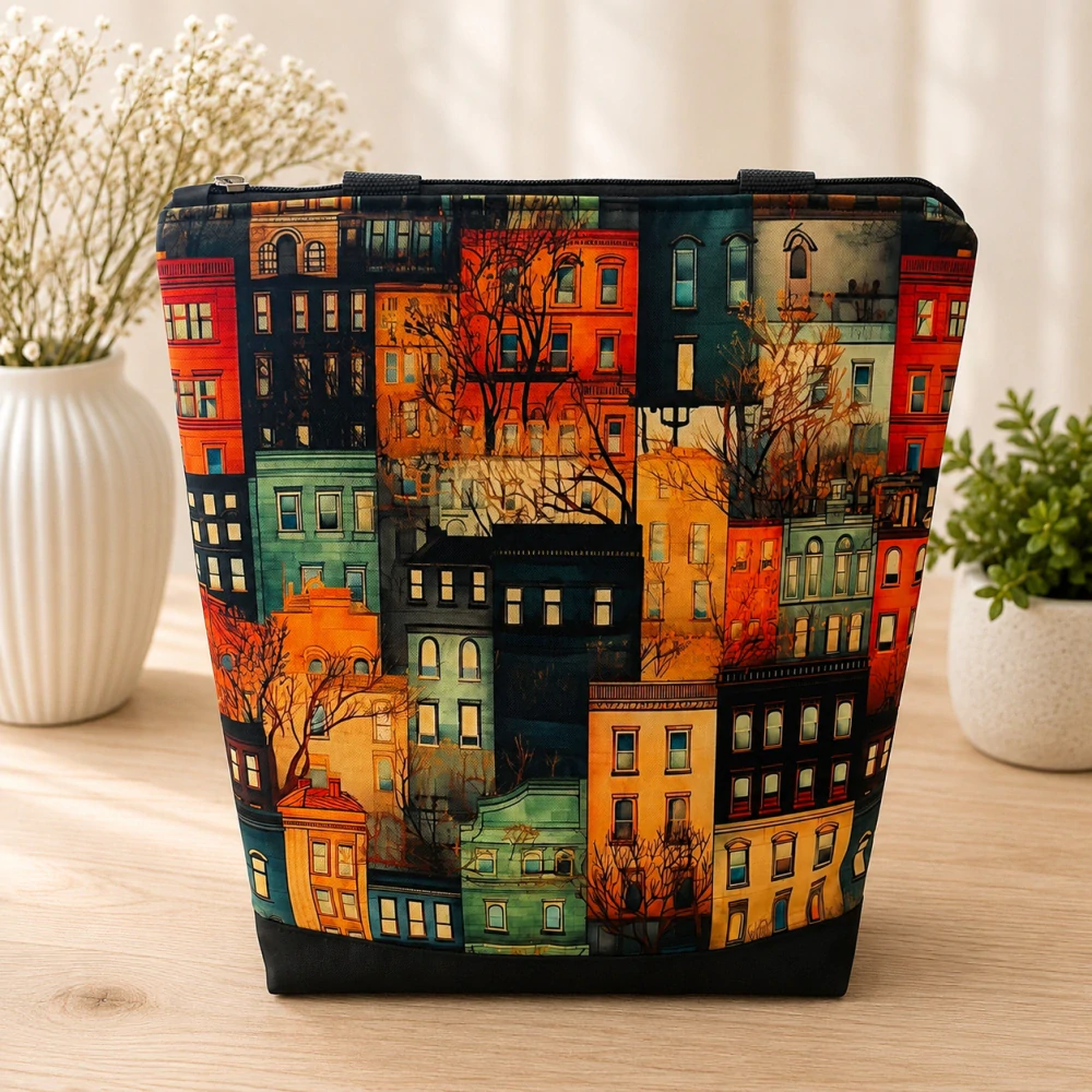 👜 Vyztužená taška na zip z kočárkoviny – městský motiv 🏙️