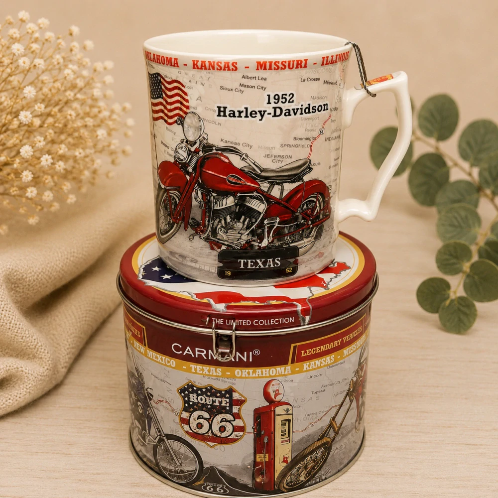 🏍️☕ Porcelánový hrnek Harley-Davidson v dárkovém balení – plechová pokladnička 🇺🇸🛣️