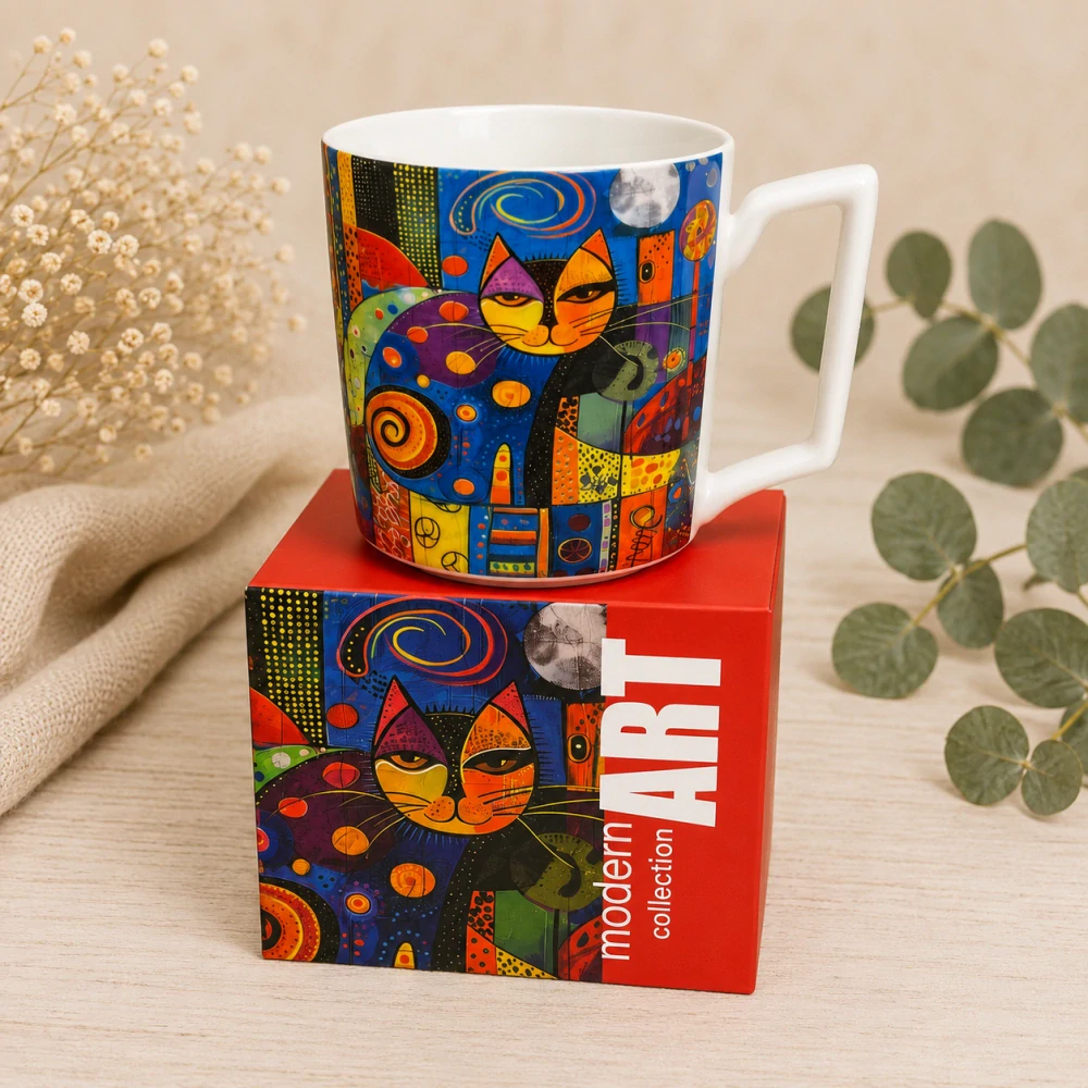 🐱☕ Dárkový porcelánový hrnek – barevná kočka 🎁🎨