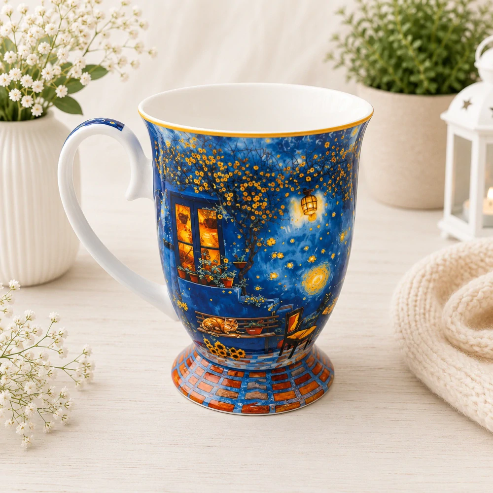 🎨💙 Dárková sada 2 porcelánových šálků ve tvaru srdce – inspirováno Vincentem van Goghem ❤️☕