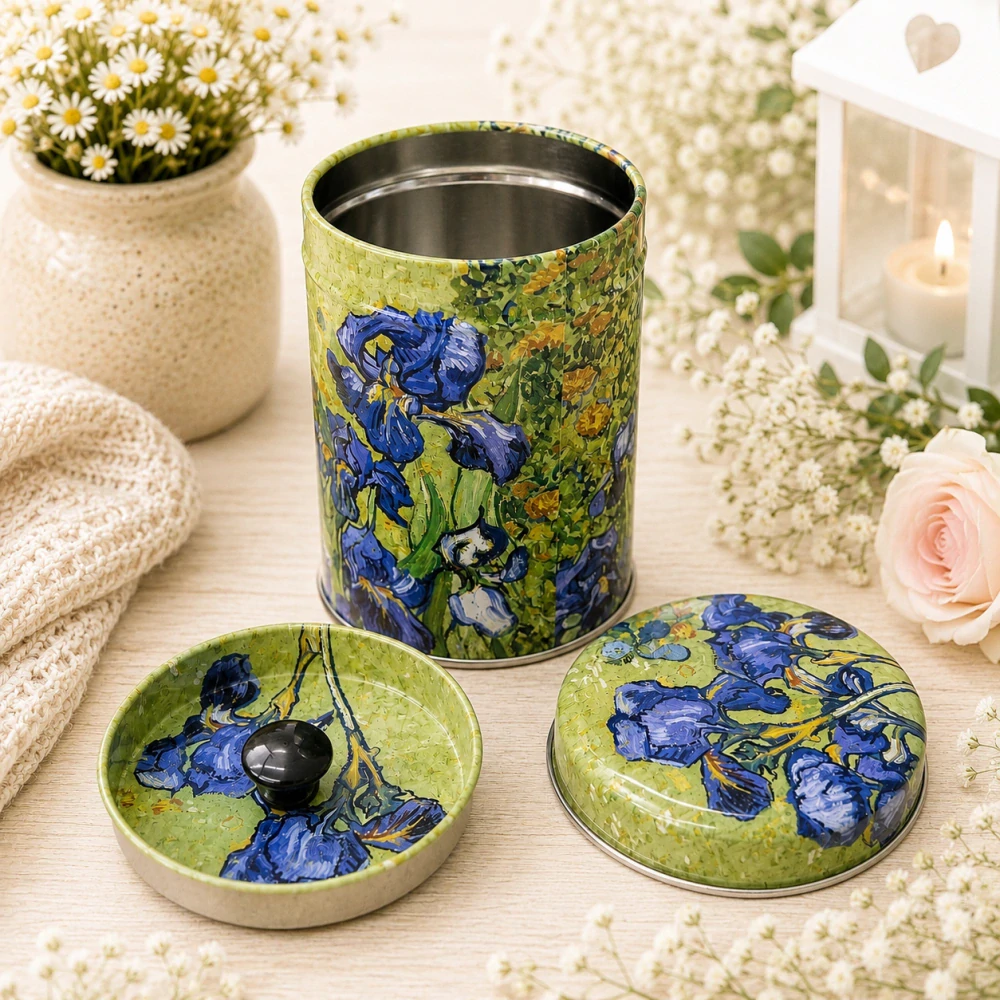 🎨☕ Plechová dóza na kávu, čaj nebo cukr – motiv Vincent van Gogh – Kosatce 💙🌿