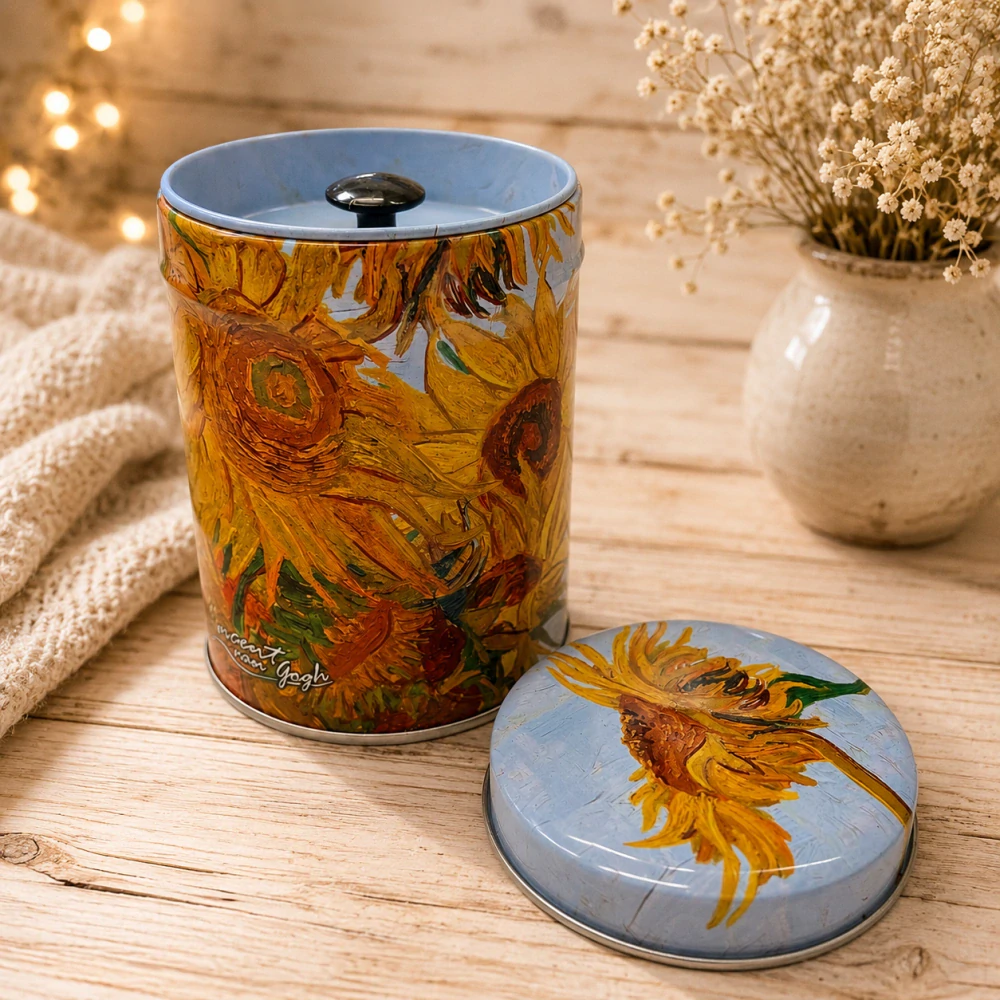 🌻☕ Plechová dóza na kávu, čaj nebo cukr – motiv Vincent van Gogh – Slunečnice 🎨💛