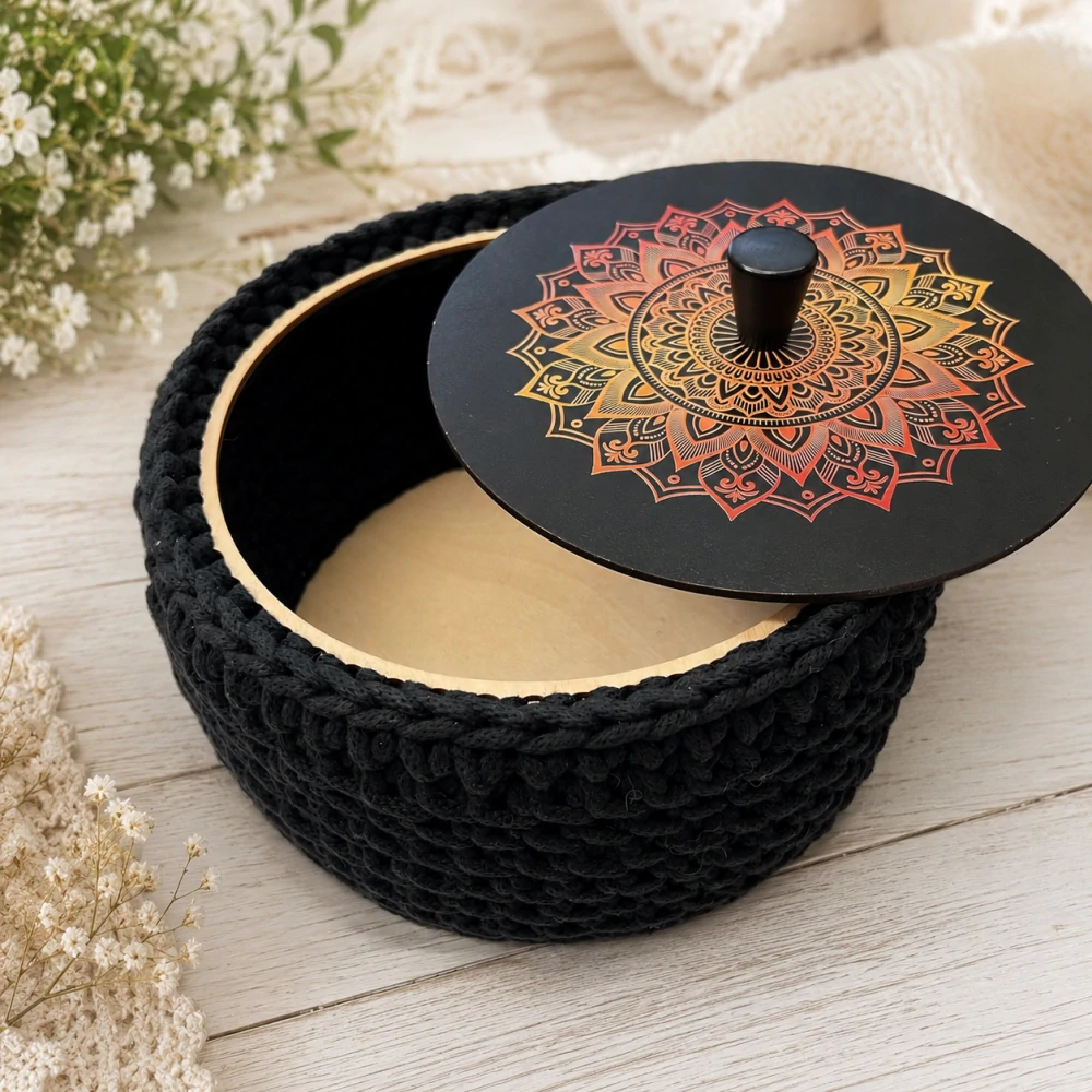 🖤✨ Háčkovaný košík s dřevěným víkem – stylový pomocník do každé domácnosti ✨