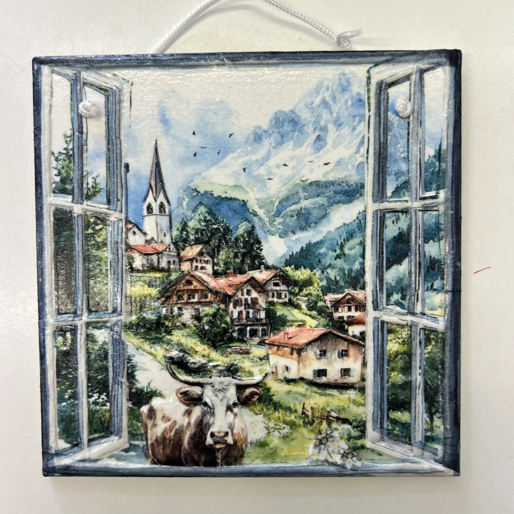 🏔️🐄 Keramická dlaždice zdobená technikou Decoupage 3D 🐄🏔️