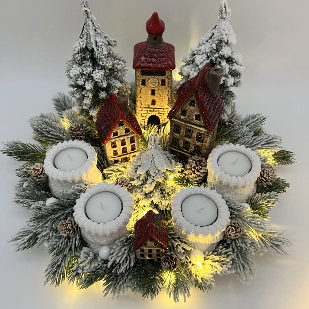 🎄✨ Adventní svícen s keramickými domečky a osvětlením ✨🎄