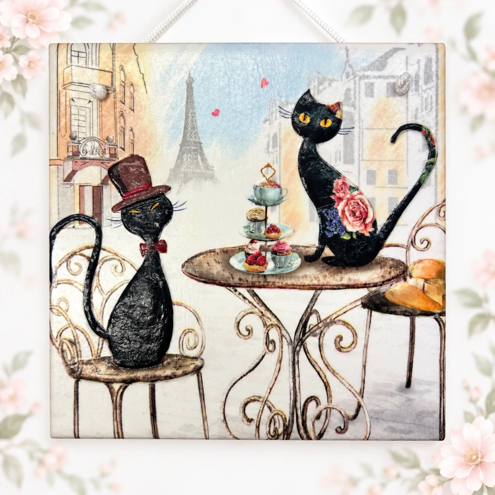 🐈‍⬛🌸 Keramická dlaždice – Kočičky v Paříži ☕🗼